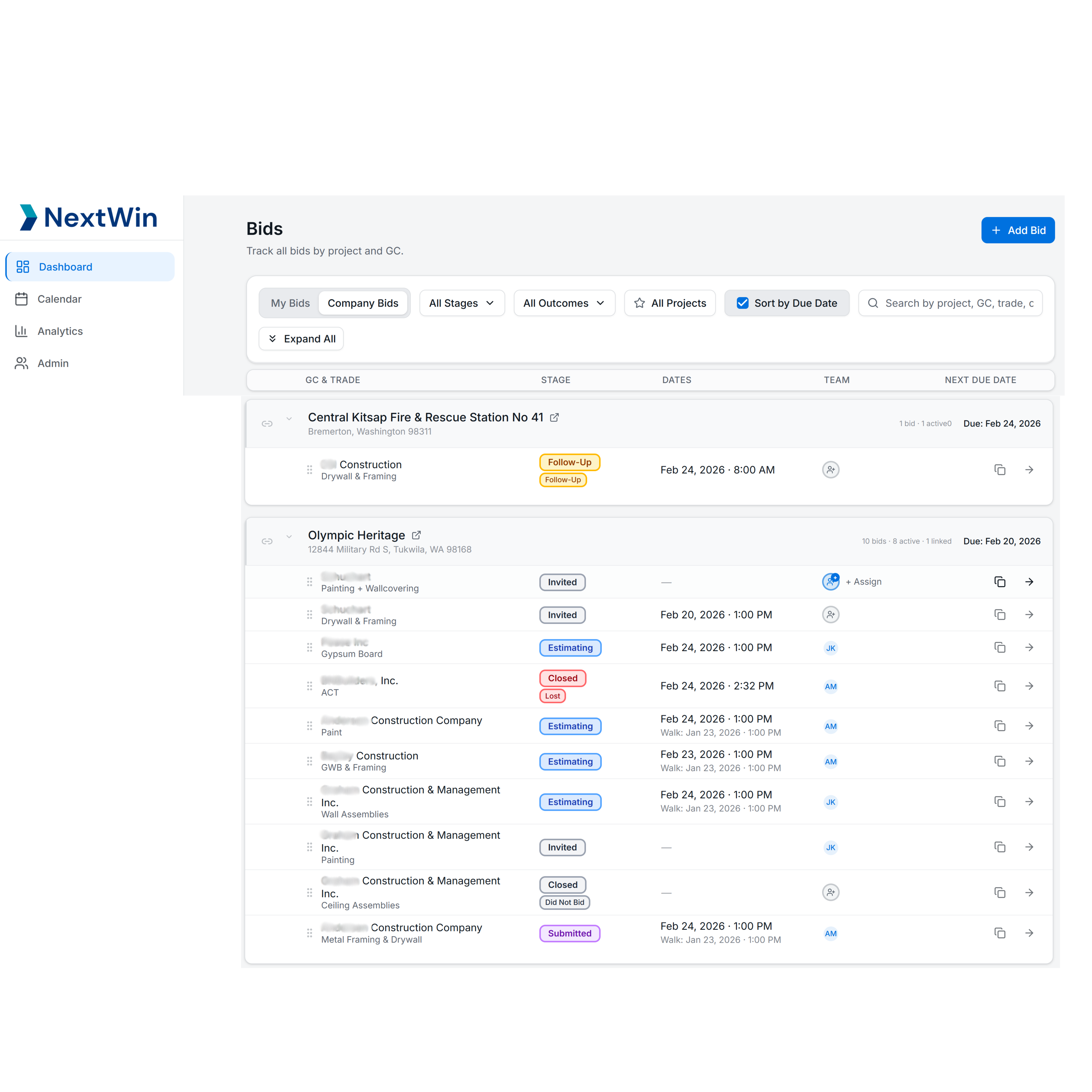 NextWin Dashboard - Track all your bids by project and GC