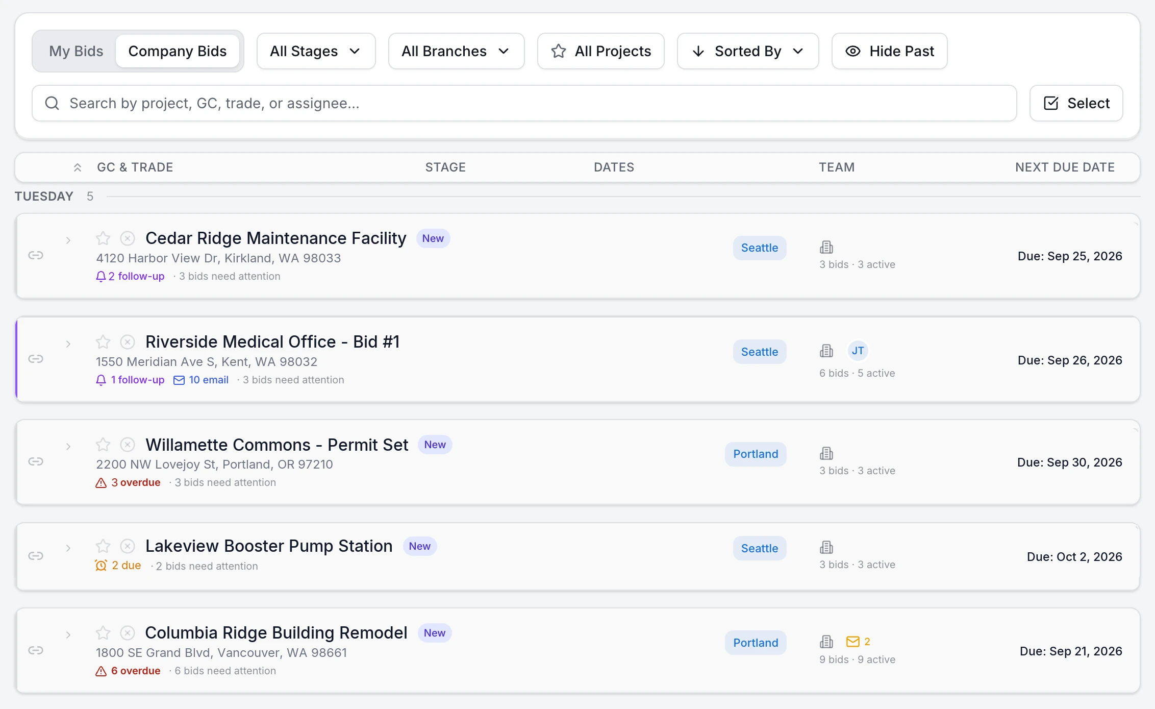NextWin dashboard — every bid organized by project and client with due dates and attention flags